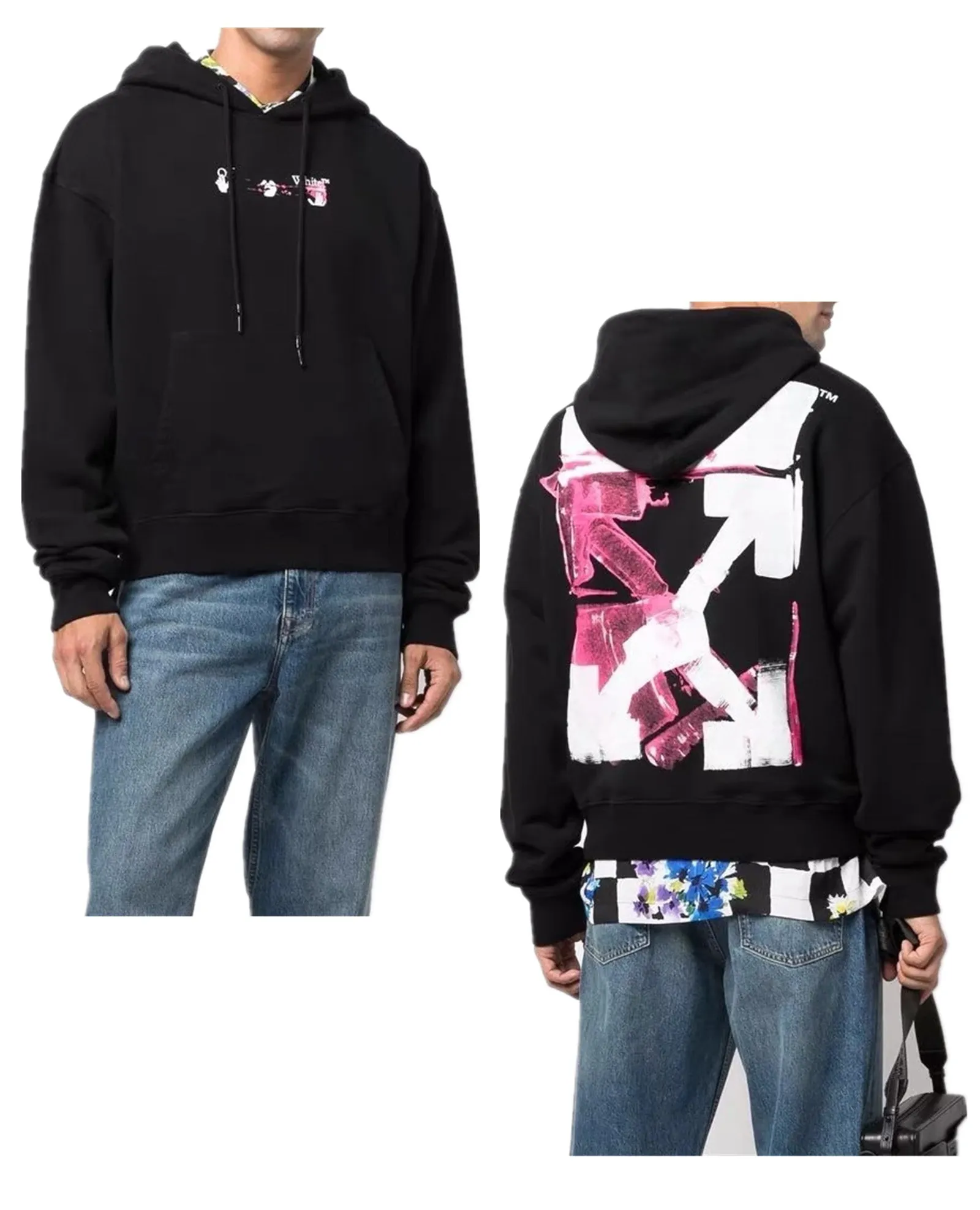 ♻️💯Upper body reference model picture❤️Top tested version OFFWHITE (OW) pink hand-painted graffiti limited edition incomplete arrow hoodie pullover sweatshirt pure cotton loose printing using composite screen printing. Looks like graffiti. The new logo print is simple and clean on the chest. The left and right hands of the portrait click off and white respectively, and there is an extra rose-red paint embellishment. This may be inseparable from the street graffiti culture. The back is the iconic large arrow pattern, black and white contrasting colors, graffiti and wall painting techniques. Every trace is obvious. One of the arrows is painted with rose-red paint. The natural effect of the pigment is smudged, with a feeling of depth and water stains, which is very special. The fabric is made of 460g fish scale terry cotton fabric, which is full of drape and is a big release. Size: XS-L Color: Black P:390